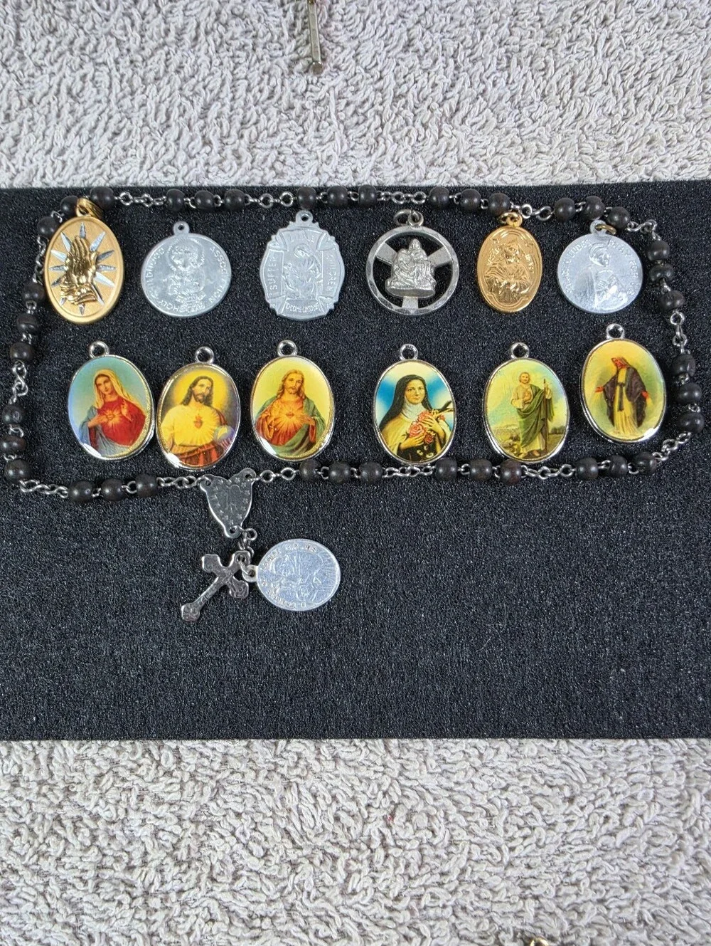 Religious Medal Rosary Necklace with Multi-Color Saint Medallions